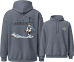 Heather sport dark navy hoodie with front and back designs, including a cat on a chairlift graphic.