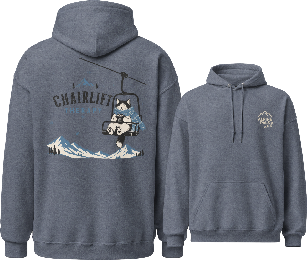 Heather sport dark navy hoodie with front and back designs, including a cat on a chairlift graphic.