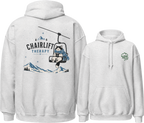 Ash gray hoodie with 'Chairlift Therapy' graphic on the back, displayed from front and back views.