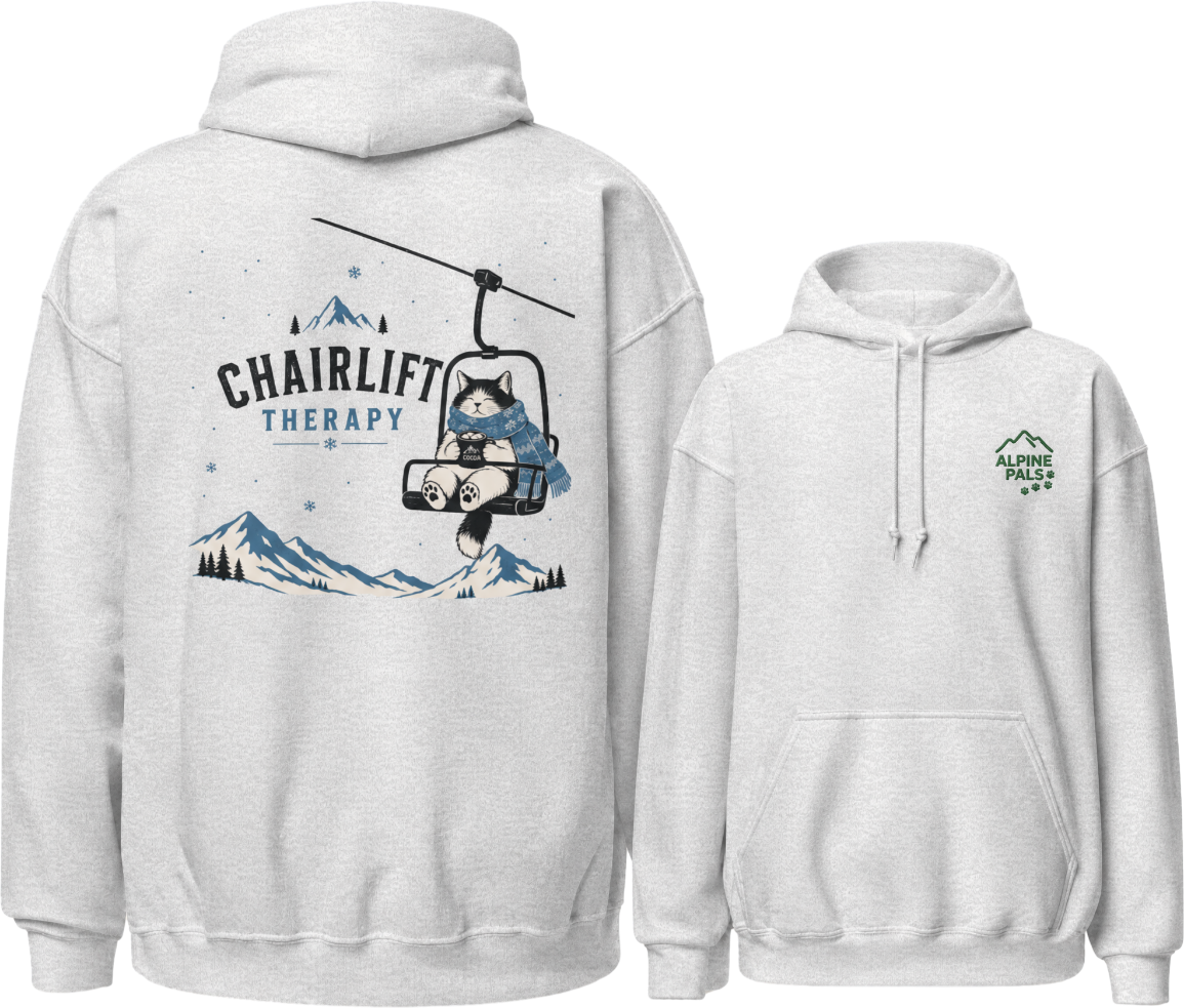 Ash gray hoodie with 'Chairlift Therapy' graphic on the back, displayed from front and back views.
