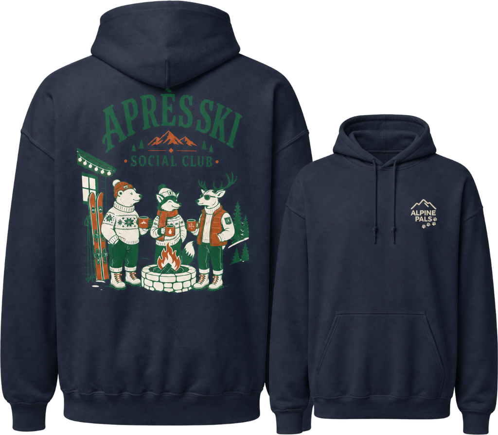 Navy blue hoodie with 'Apres Ski Social Club' graphic on the back and brand logo on the front.