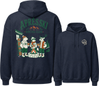 Navy blue hoodie with 'Apres Ski Social Club' graphic on the back and brand logo on the front.