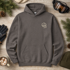 Charcoal gray hoodie with 'Alpine Pals' logo on a wooden surface with winter accessories.