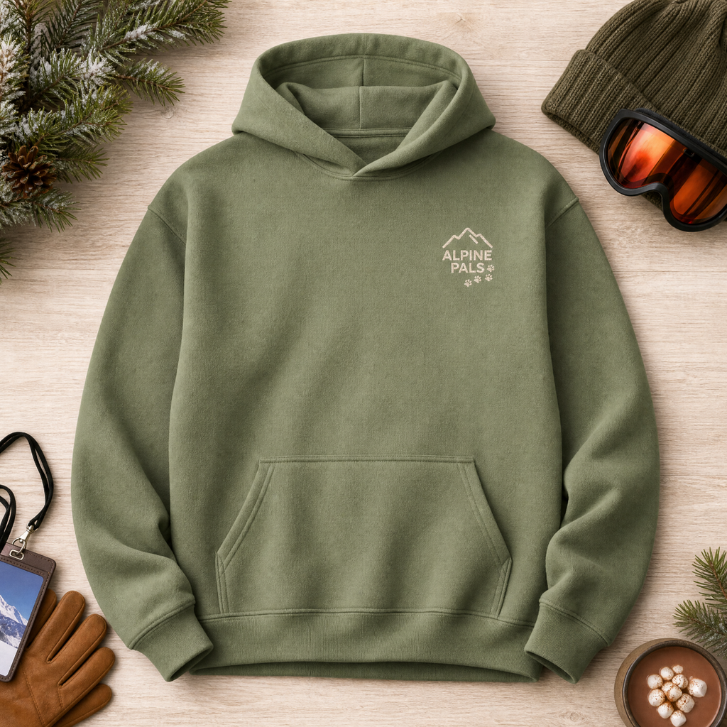 Green hoodie with 'Alpine Pals' logo on a wooden surface with winter accessories.