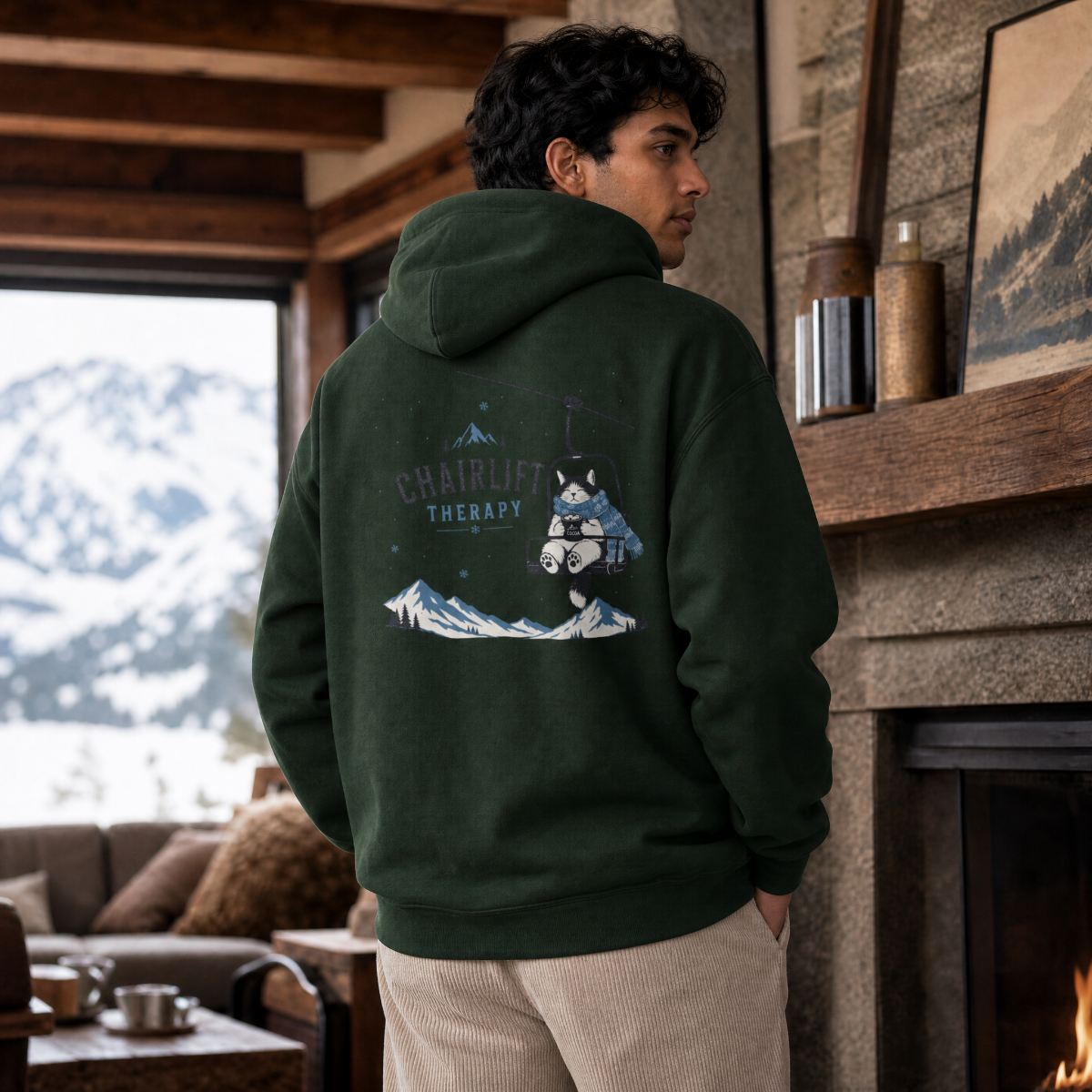 Person wearing a forest green hoodie with a mountain and fox design, standing in a cozy room with a fireplace and mountain view.