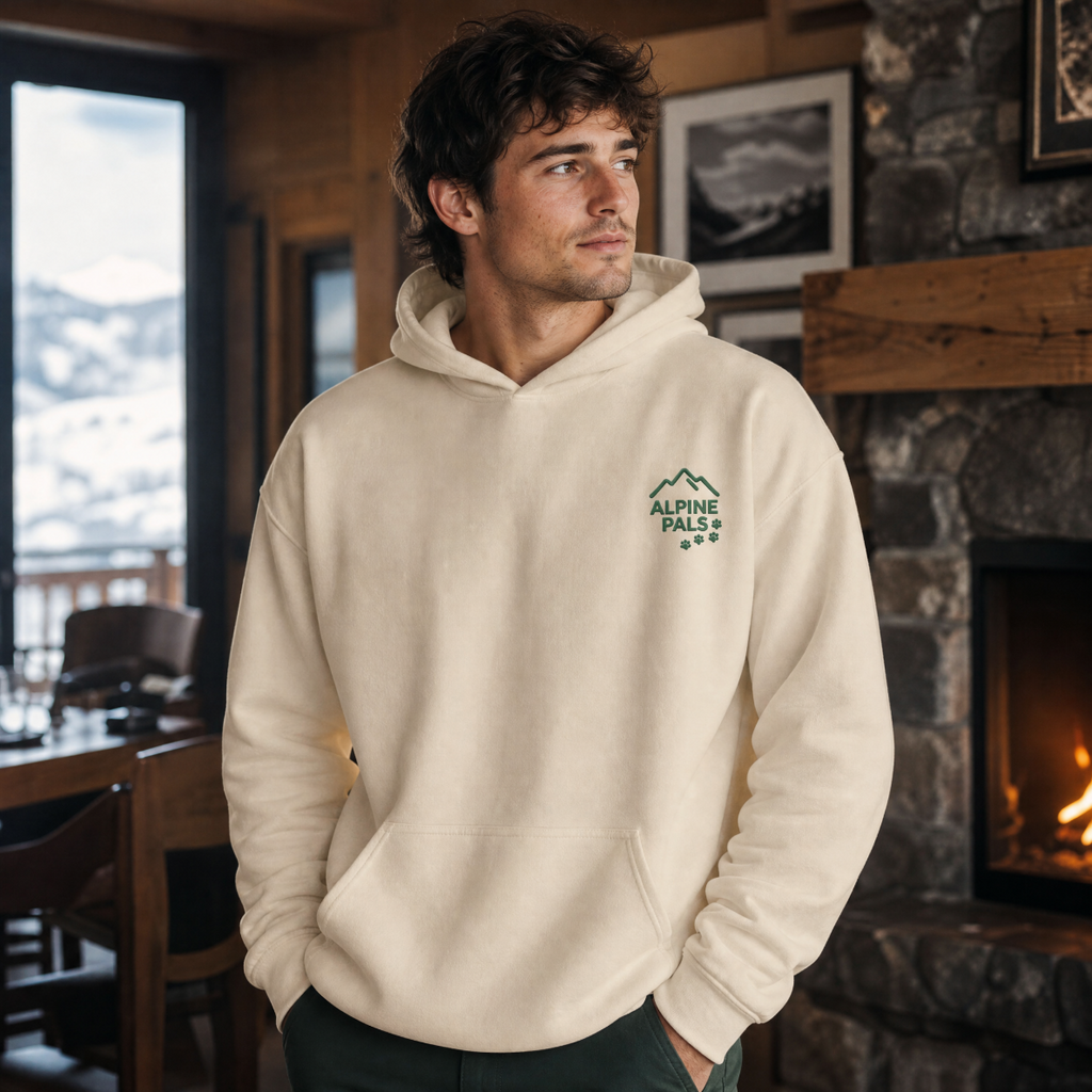 Man wearing a sand colored hoodie with a logo in a cozy indoor setting with a fireplace and mountain view.