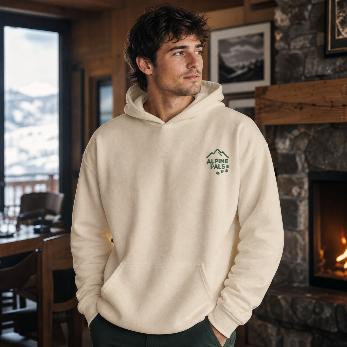 Man wearing a sand colored hoodie with a logo in a cozy indoor setting with a fireplace and mountain view.