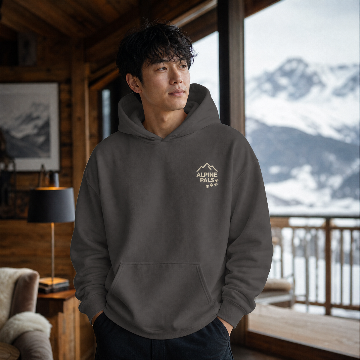 Man wearing a hoodie with an 'Alpine Pals' logo in a mountainous setting
