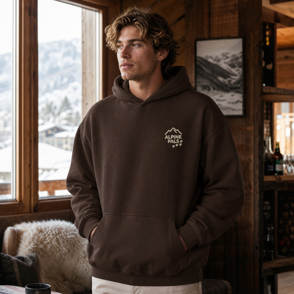 Man wearing a dark chocolate brown hoodie with 'Alpine Pals' logo in a cozy indoor setting with snowy landscape outside.