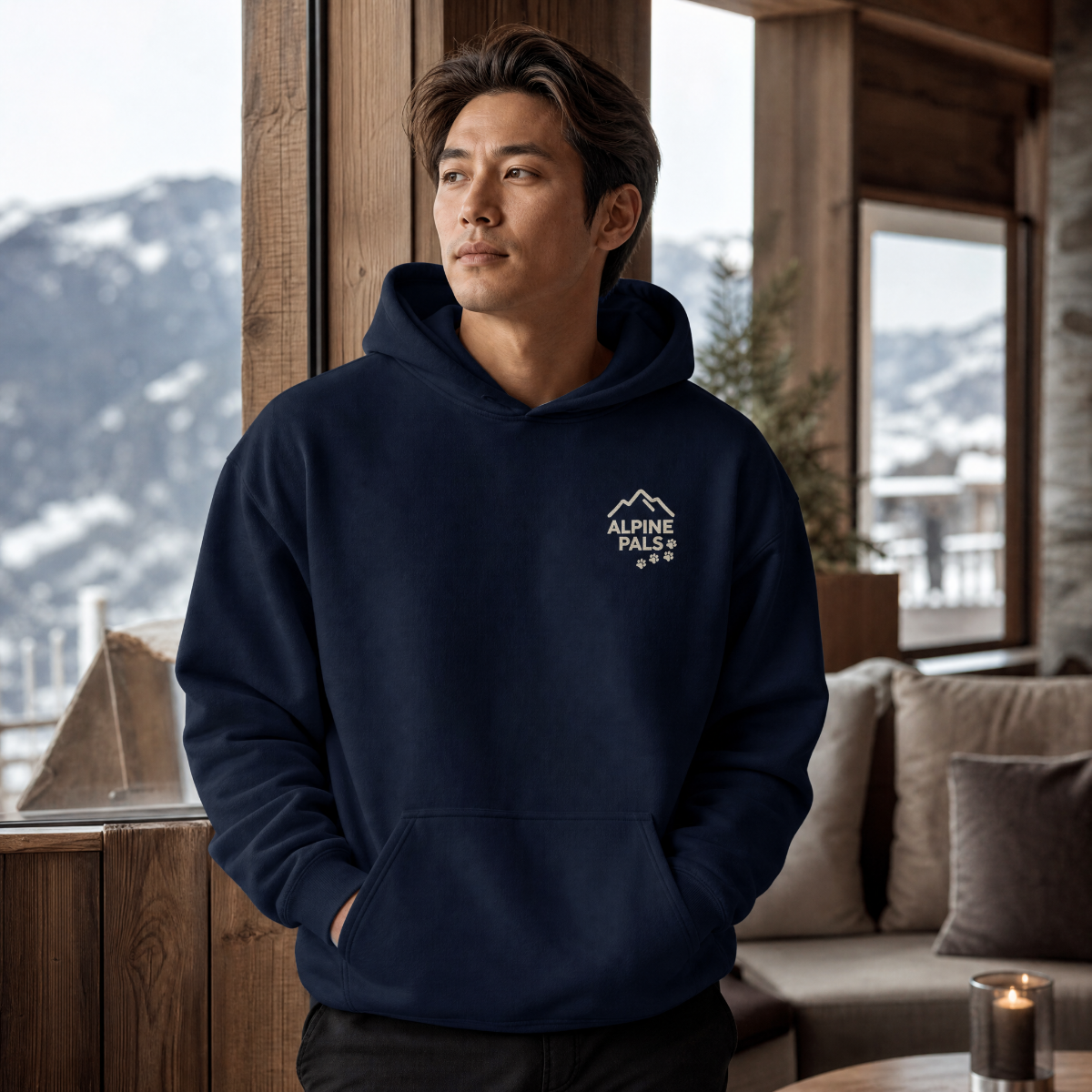 Man wearing a navy hoodie with 'Alpine Pals' logo in a cozy indoor setting with mountain views.