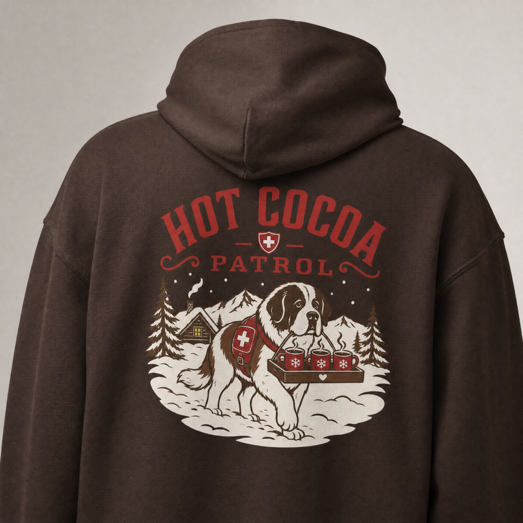 Dark chocolate brown hoodie with 'Hot Cocoa Patrol' graphic on the back