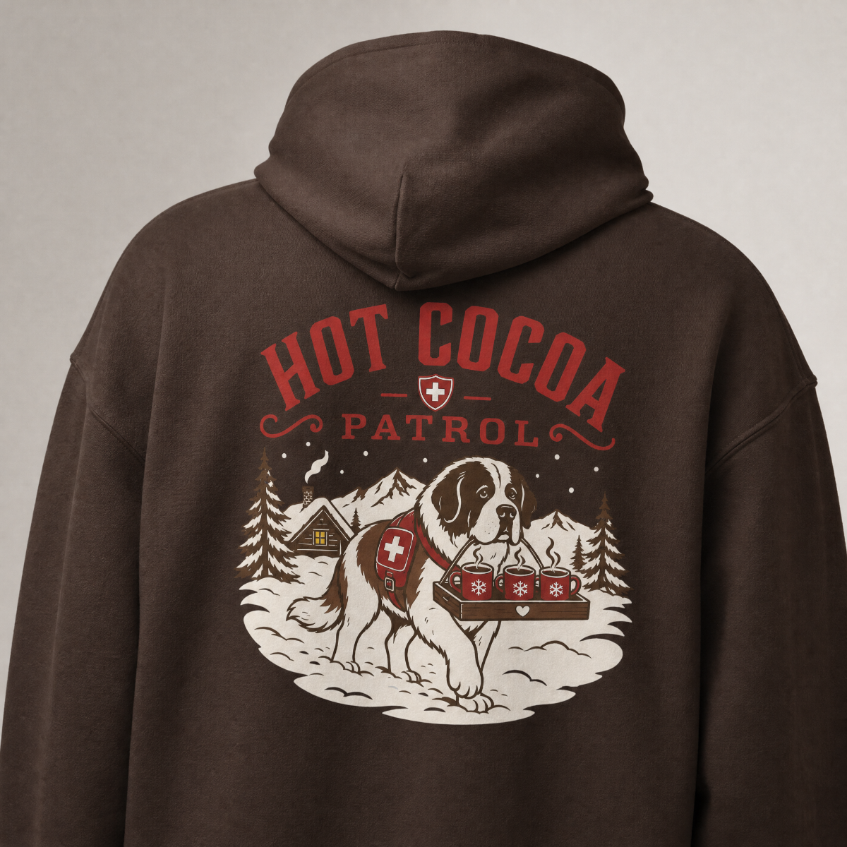 Dark chocolate brown hoodie with 'Hot Cocoa Patrol' graphic on the back