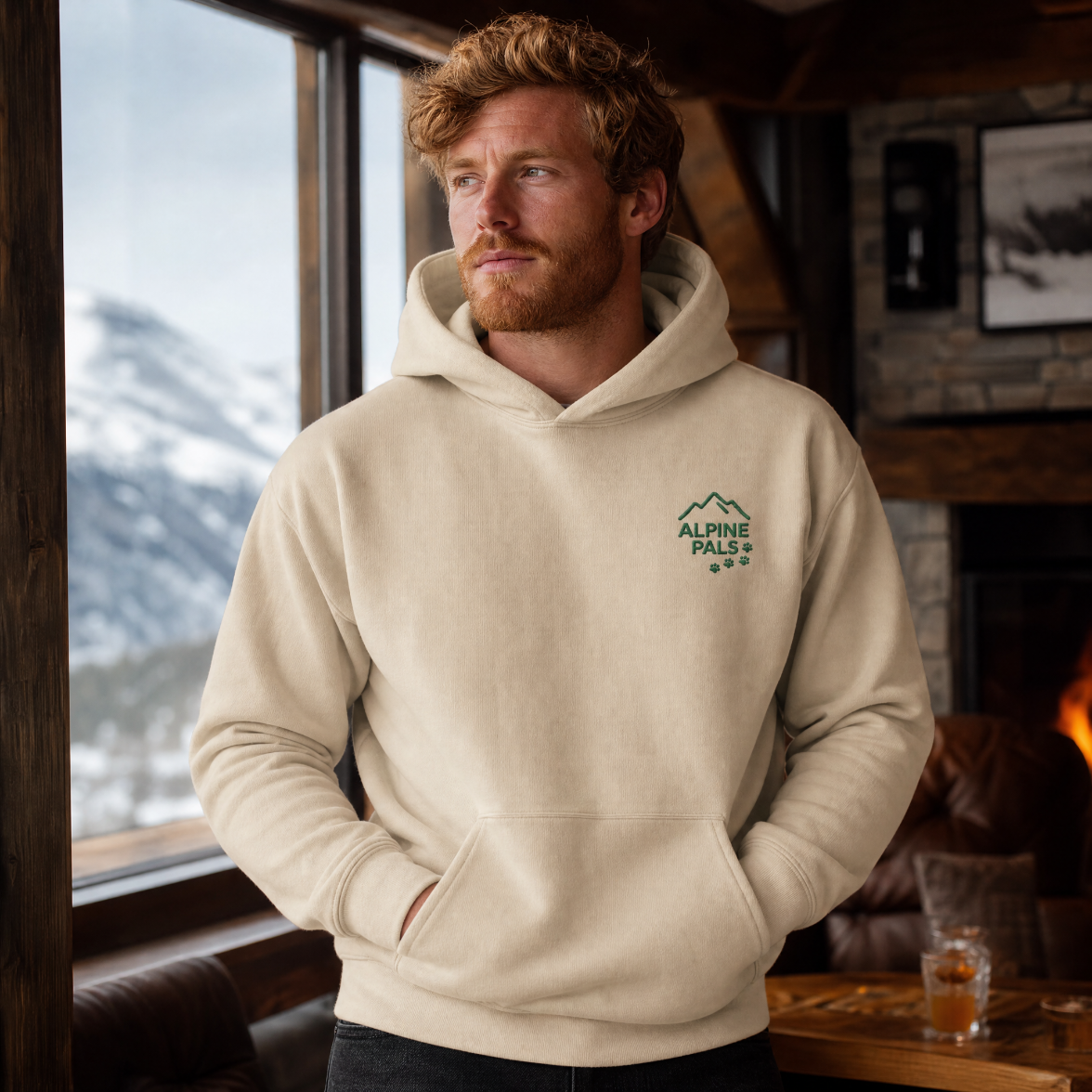 Man wearing a sand colored hoodie with 'Alpine Pals' logo indoors by a window with a snowy view.