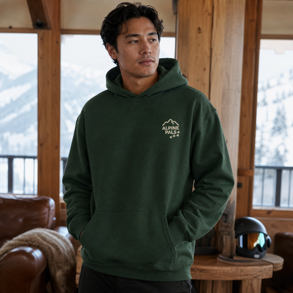 Man wearing a forest green hoodie with 'Alpine Pals' logo indoors