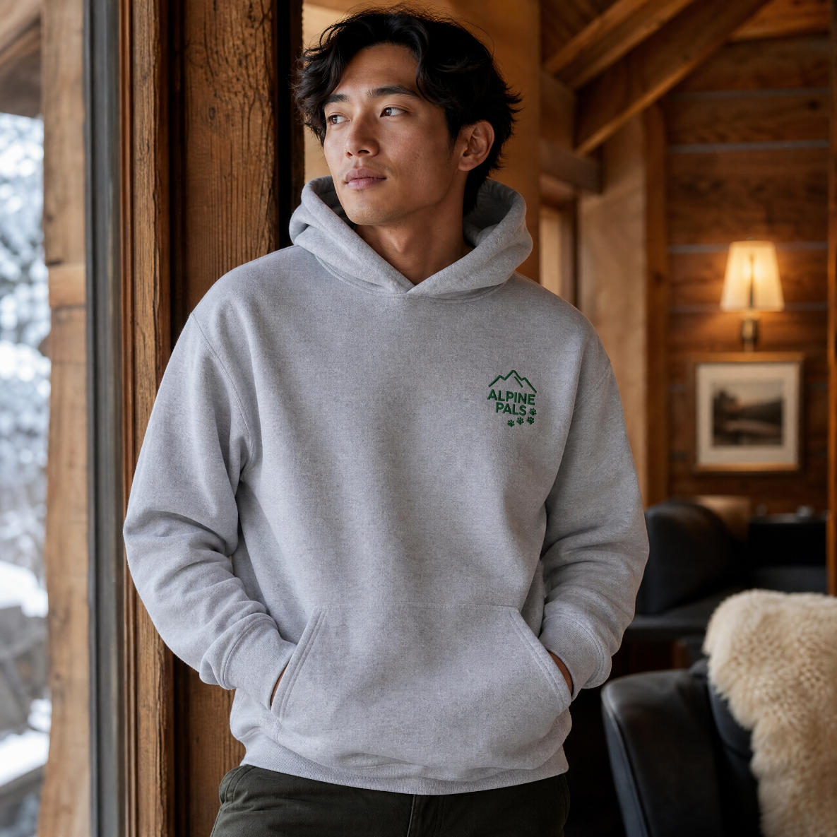 Man wearing a sport gray hoodie with a logo indoors