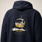 Navy blue hoodie with a graphic of a ski lift and text 'Ski Fast, Nap Faster' on the back.