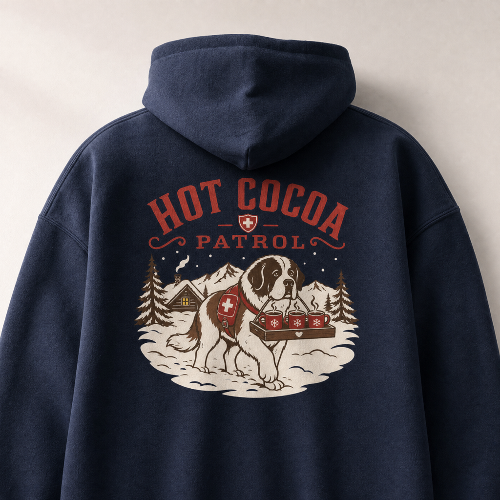 Navy blue hoodie with 'Hot Cocoa Patrol' graphic on the back