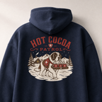 Navy blue hoodie with 'Hot Cocoa Patrol' graphic on the back