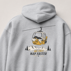 Sport grey hoodie with a graphic of a gondola, dog, and skis on the back, with text 'Sky Fast Nap Faster'.