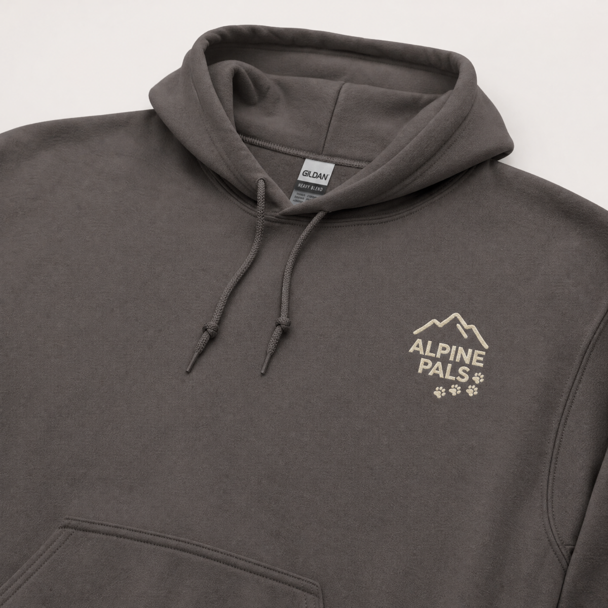 Charcoal gray hoodie with 'Alpine Pals' logo on a light gray background