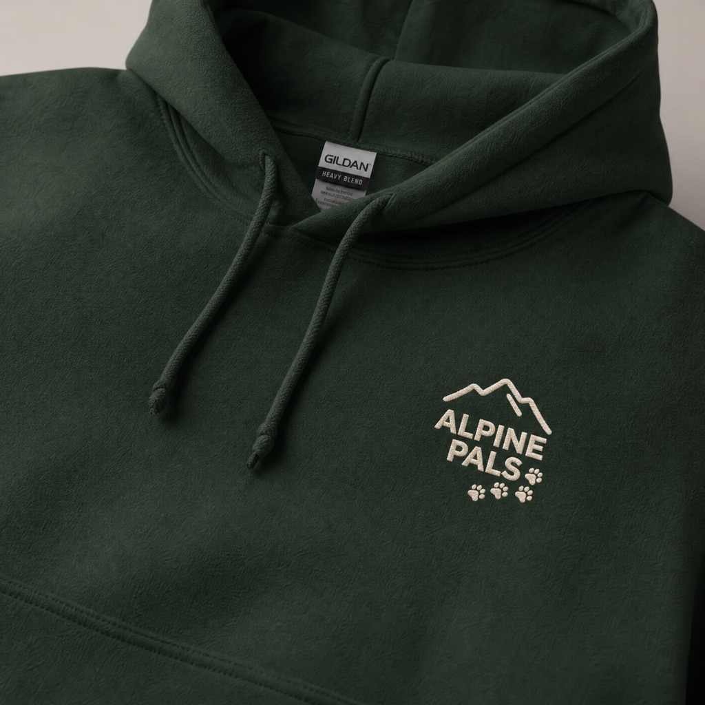 Forest green hoodie with 'Alpine Pals' logo on a neutral background