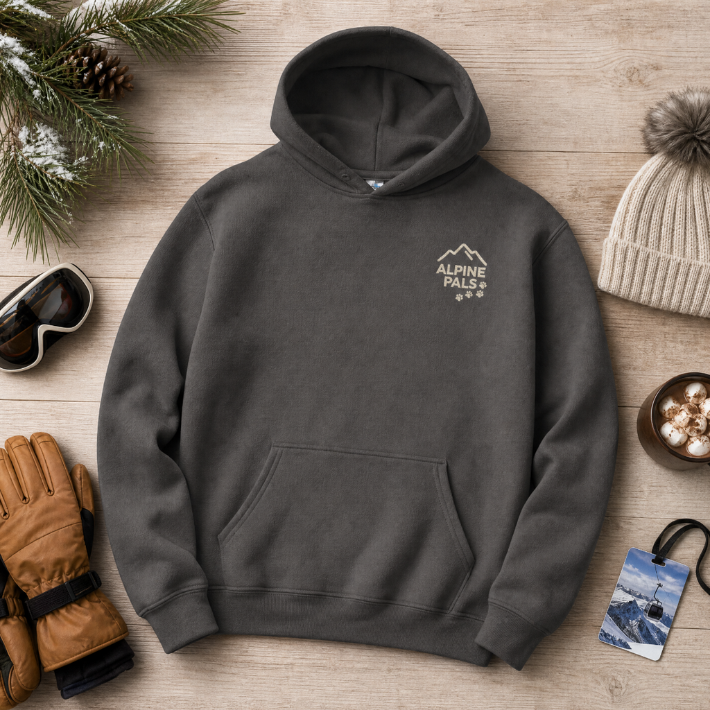 Charcoal gray hoodie with 'Alpine Pals' logo on a wooden surface with winter accessories.
