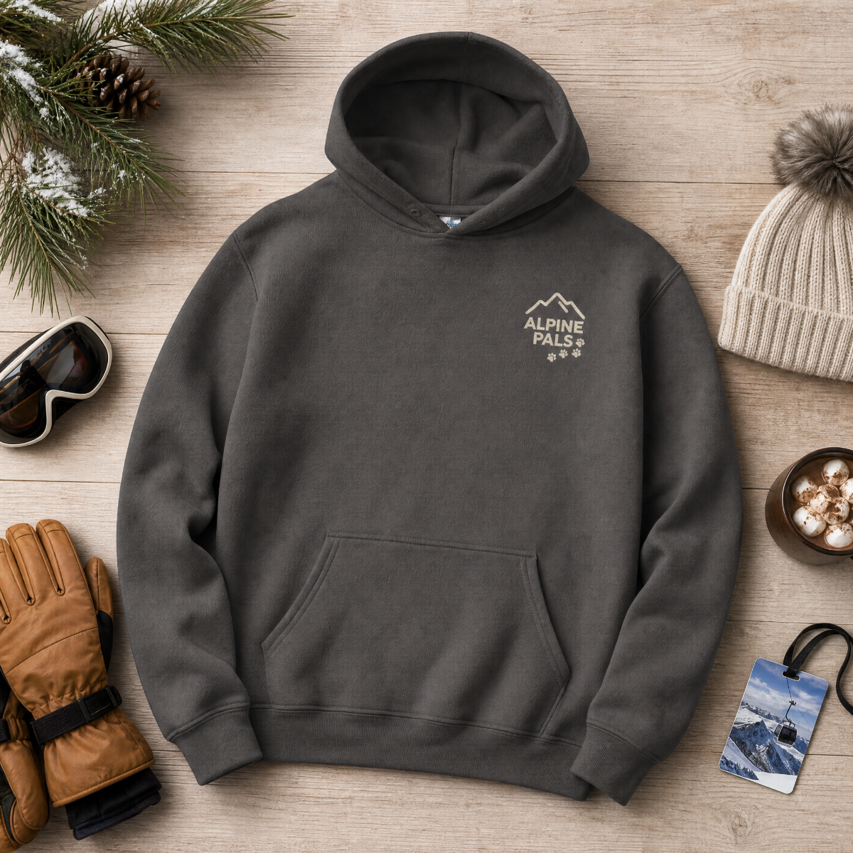 Charcoal gray hoodie with 'Alpine Pals' logo on a wooden surface with winter accessories.