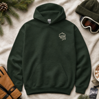 Forest green hoodie with 'Alpine Pals' logo on a textured surface with winter accessories.