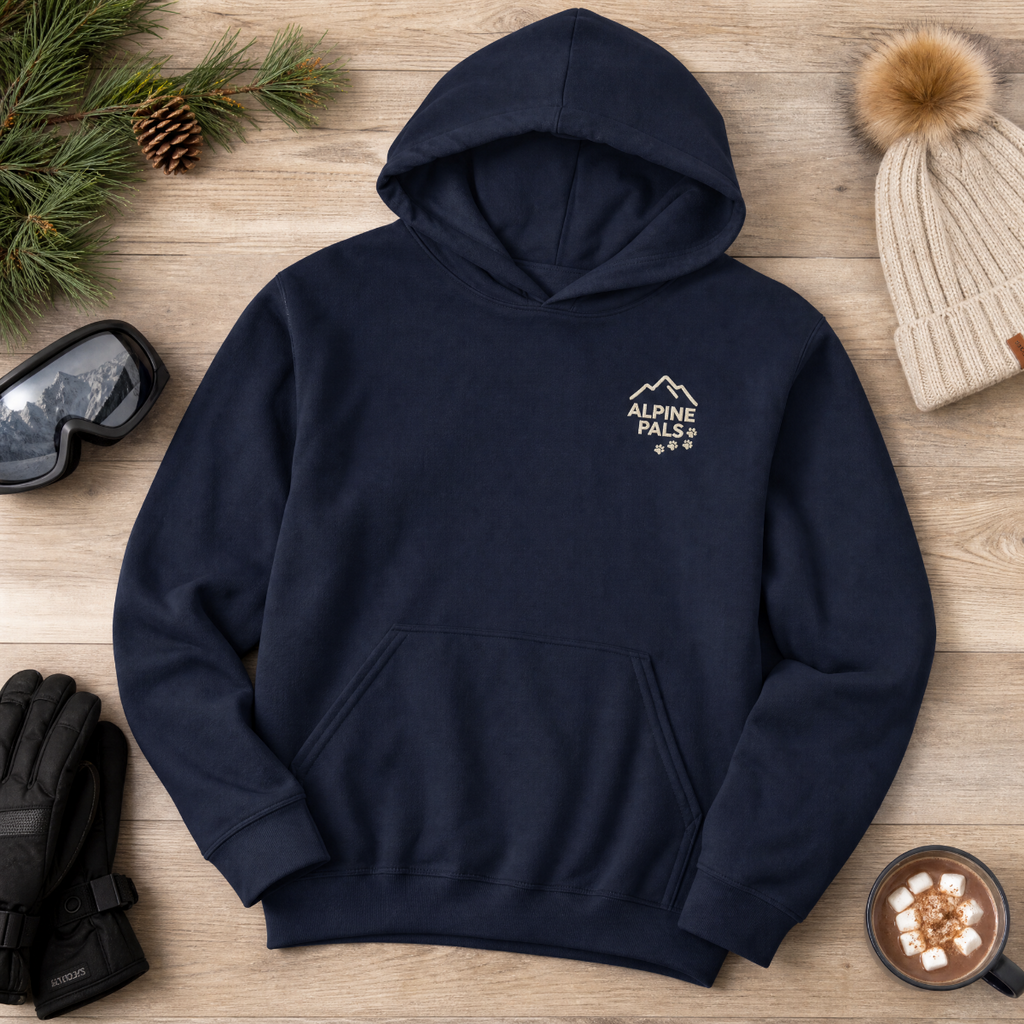 Navy blue hoodie with a logo on a wooden surface with winter accessories.
