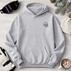 Sport grey hoodie with 'Alpine Pals' logo on a wooden surface with winter accessories.