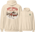 Sand colored hoodie with a graphic of a dog and 'Hot Cocoa Patrol' text on the back, displayed on a white background.