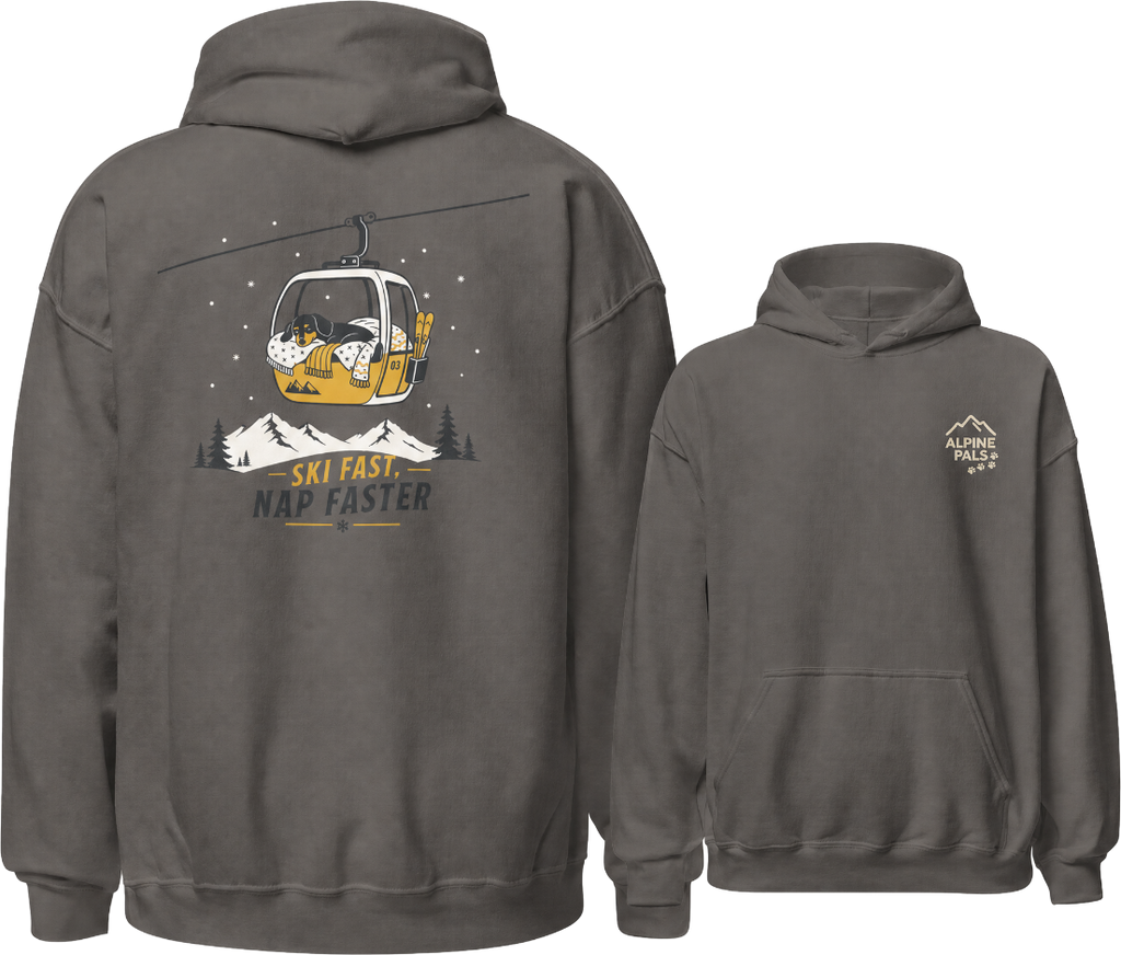 Charcoal gray hoodie with a ski lift graphic on the back and logo on the front, on a white background.