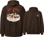 Dark chocolate brown hoodie with 'Hot Cocoa Patrol' graphic on the back and 'Alpine Peak' logo on the front, displayed on a white background.