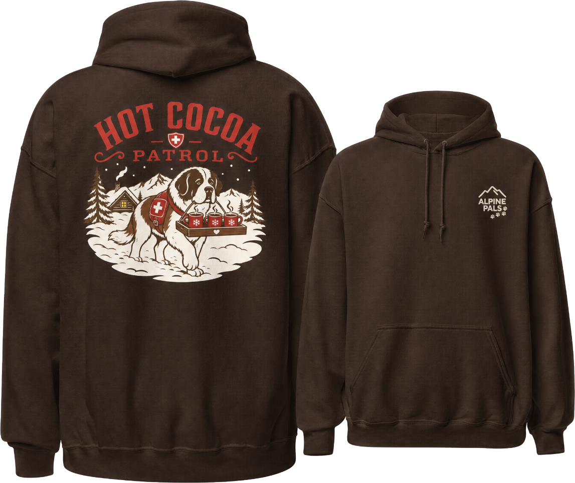 Dark chocolate brown hoodie with 'Hot Cocoa Patrol' graphic on the back and 'Alpine Peak' logo on the front, displayed on a white background.