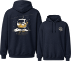 Navy blue hoodie with a graphic of a ski lift and mountain on the back, and a logo on the chest.