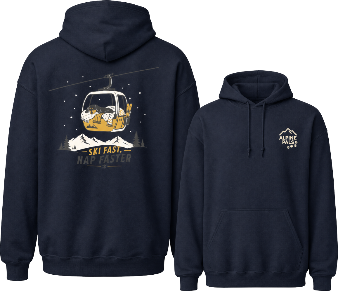 Navy blue hoodie with a graphic of a ski lift and mountain on the back, and a logo on the chest.