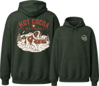 Forest green hoodie with 'Hot Cocoa Patrol' graphic on the front and 'Alpine Pals' logo on the back.