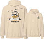 Sand colored hoodie with a graphic of a gondola lift and mountain on the back, and a logo on the chest.