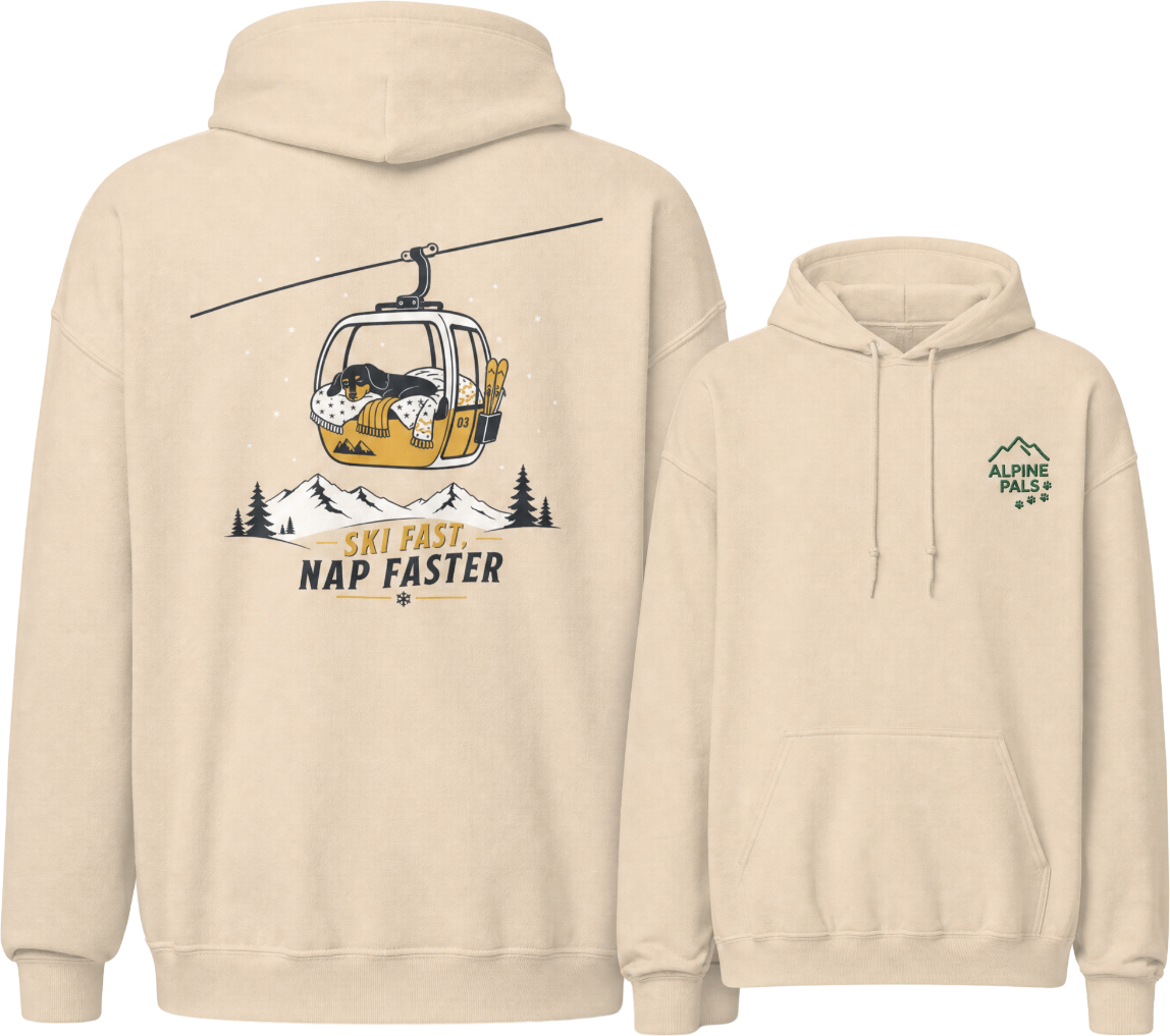 Sand colored hoodie with a graphic of a gondola lift and mountain on the back, and a logo on the chest.