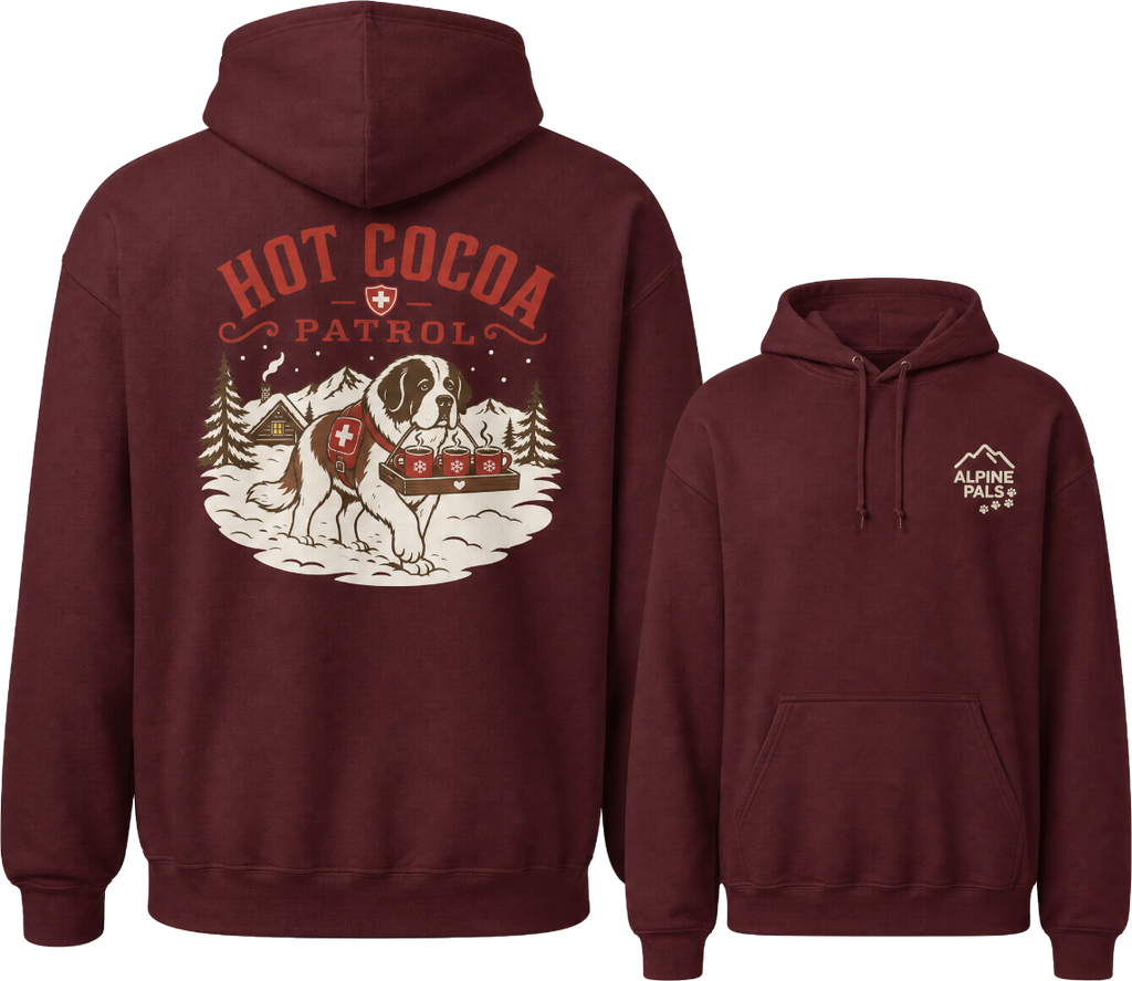 Maroon hoodie with 'Hot Cocoa Patrol' graphic on the back and 'Alpine Patrol' logo on the front, displayed on a white background.