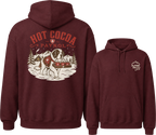 Maroon hoodie with 'Hot Cocoa Patrol' graphic on the back and 'Alpine Patrol' logo on the front, displayed on a white background.