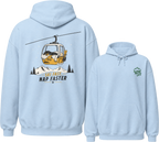 Light blue hoodie with a graphic of a dog in a ski lift and text 'Ski Fast Nap Faster' on the back, with a smaller logo on the chest.