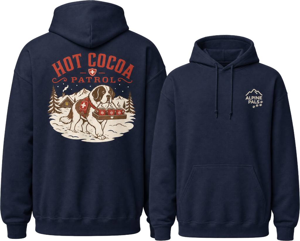 Navy blue hoodie with 'Hot Cocoa Patrol' graphic on the back, displayed from front and back views.