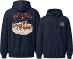 Navy blue hoodie with 'Hot Cocoa Patrol' graphic on the back, displayed from front and back views.