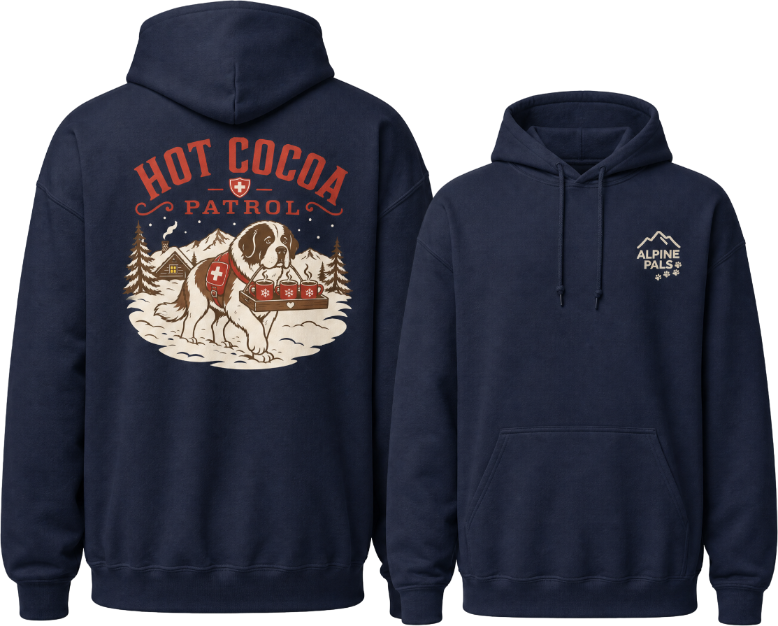 Navy blue hoodie with 'Hot Cocoa Patrol' graphic on the back, displayed from front and back views.