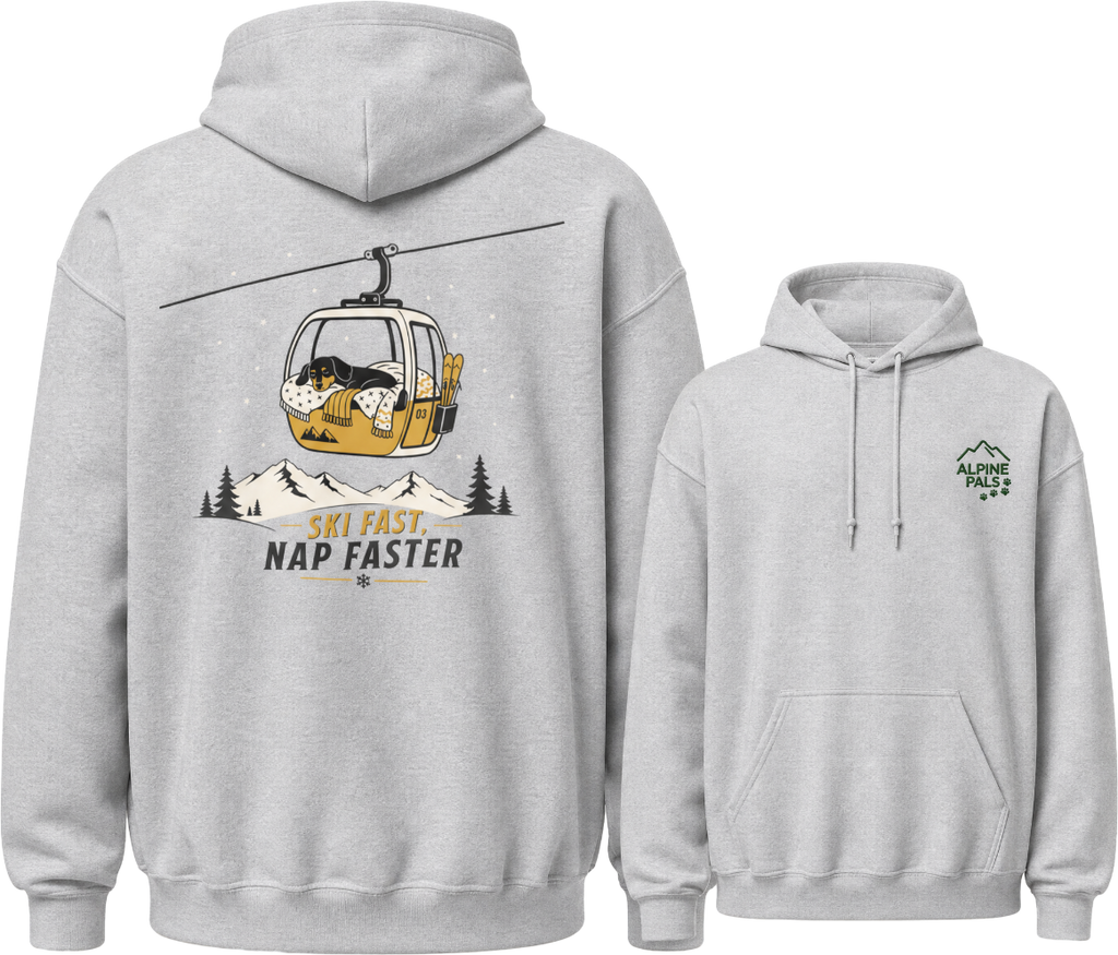 Sport grey hoodie with a ski lift graphic and text on the front, and a mountain logo on the back.
