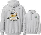 Sport grey hoodie with a ski lift graphic and text on the front, and a mountain logo on the back.