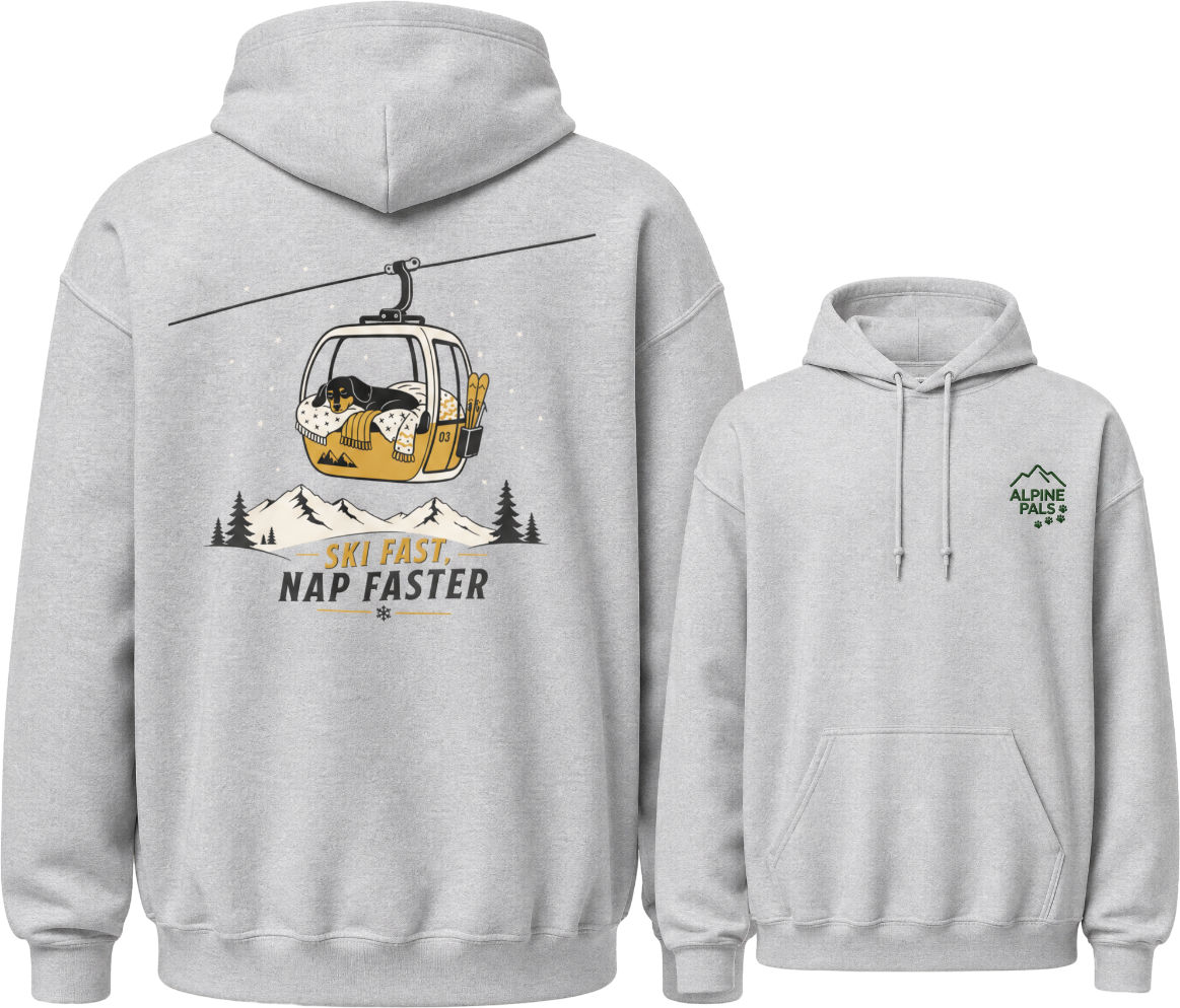 Sport grey hoodie with a ski lift graphic and text on the front, and a mountain logo on the back.