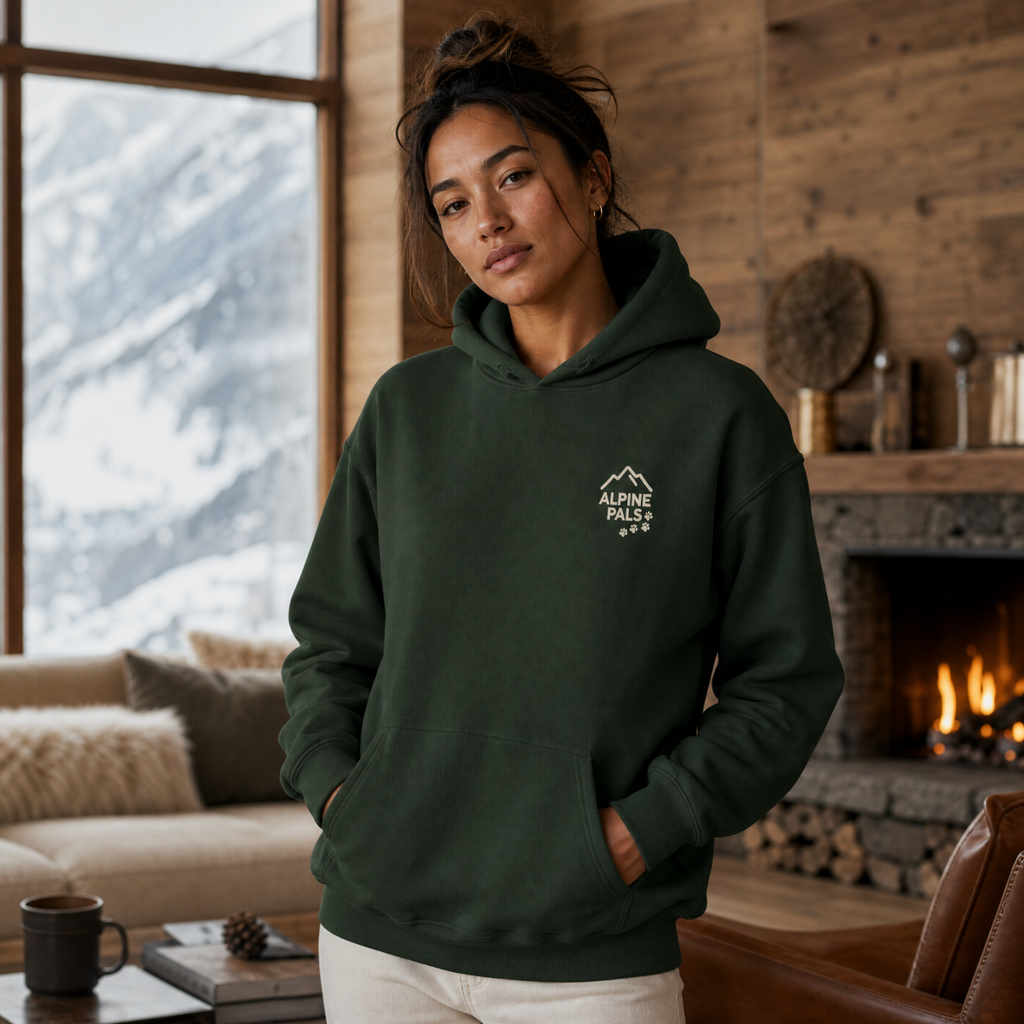 Woman wearing a forest green hoodie with a logo in a cozy living room with a fireplace and mountain view.