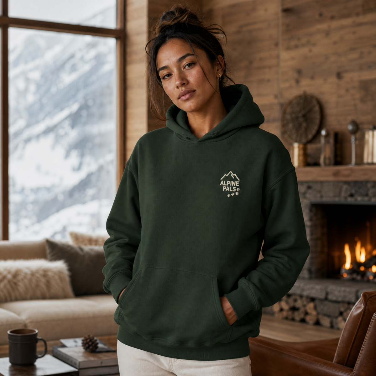 Woman wearing a forest green hoodie with a logo in a cozy living room with a fireplace and mountain view.